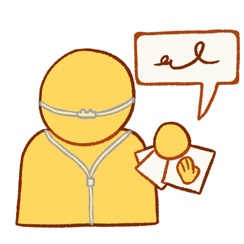 a bust of an emoji yellow person with a nasal cannula holding communication cards, which show a hand on them. there is a speech bubble containing a scribble coming from the cards